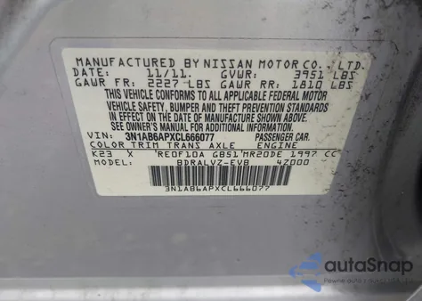 2012 Nissan Sentra 2.0 Sl z USA, uszkodzony, nr VIN 3N1AB6APXCL666077
